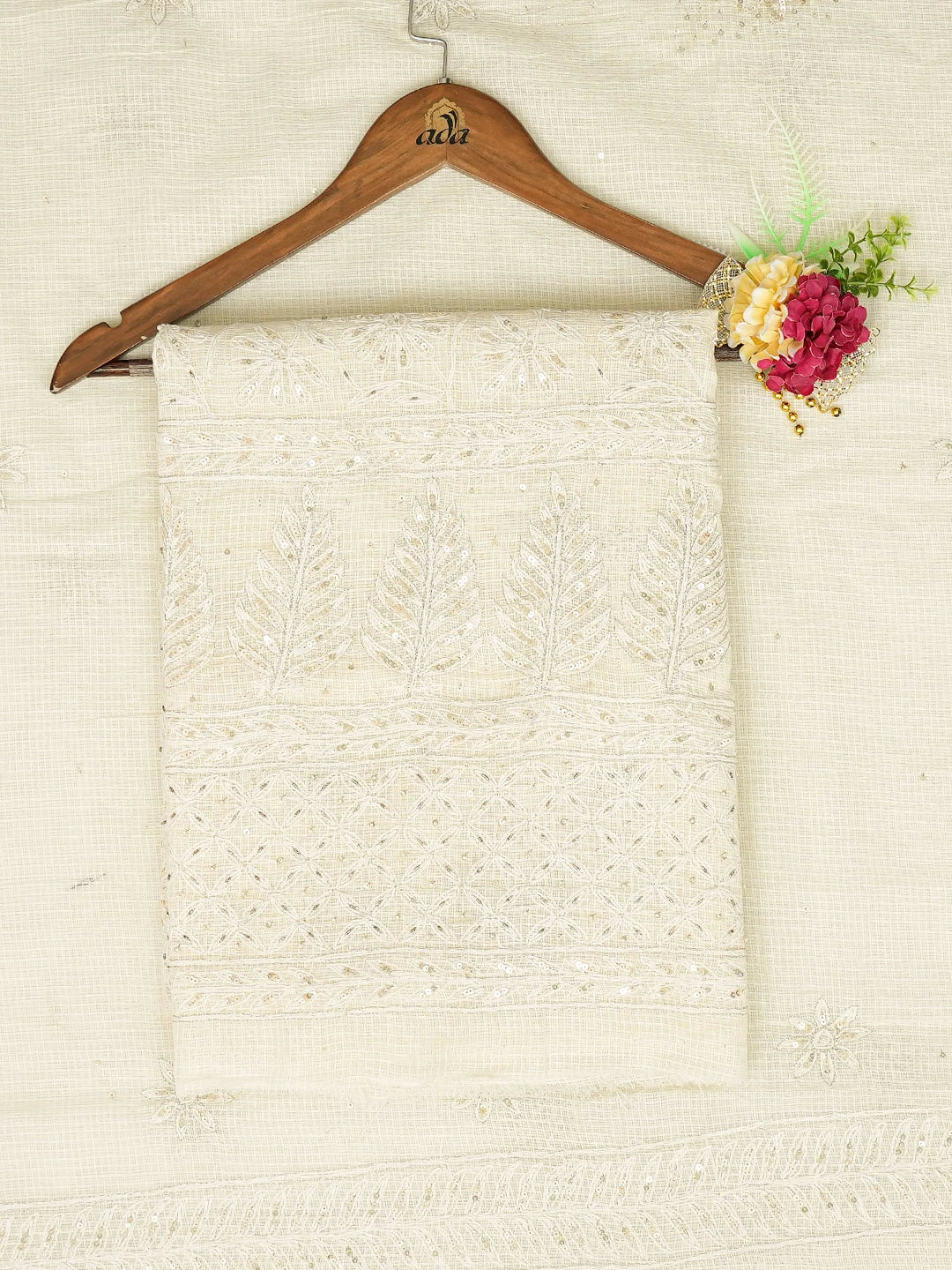 Ada Hand Embroidered Cream Kota Lucknowi Chikankari Unstitched Kurta Dupatta Set With Cutdana Work 01A590890