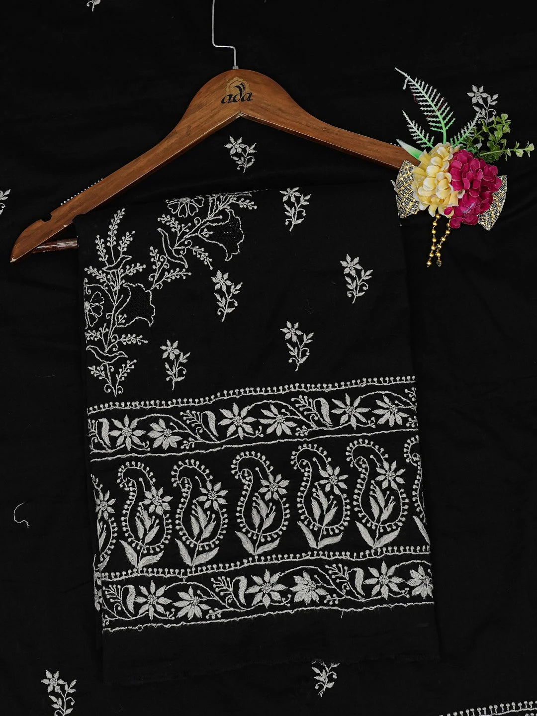 Ada Hand Embroidered Black Cotton Lucknowi Chikankari Unstitched Kurta Dupatta Set 01A680100