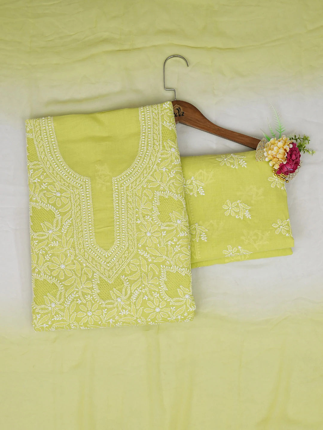 Ada Hand Embroidered Lime Green Cotton Lucknowi Chikankari Unstitched Suit Piece 01A715708
