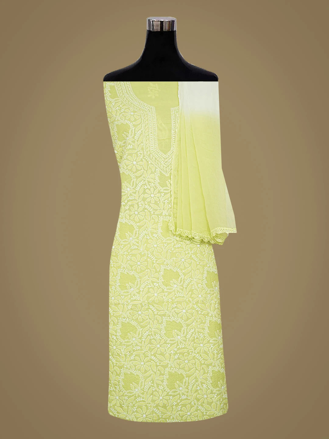 Ada Hand Embroidered Lime Green Cotton Lucknowi Chikankari Unstitched Suit Piece 01A715708
