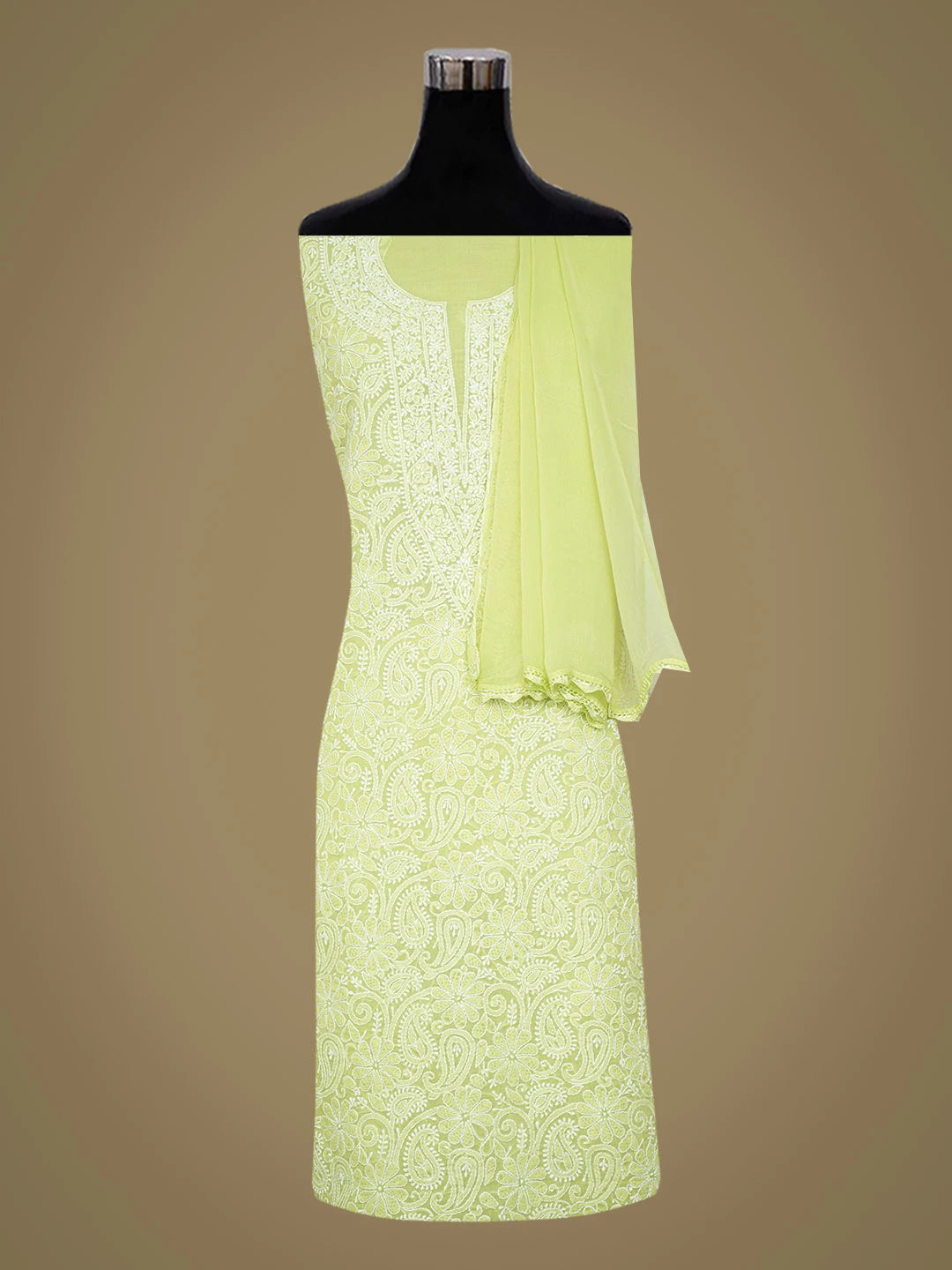 Ada Hand Embroidered Lime Green Cotton Lucknowi Chikankari Unstitched Suit Piece 01A732058