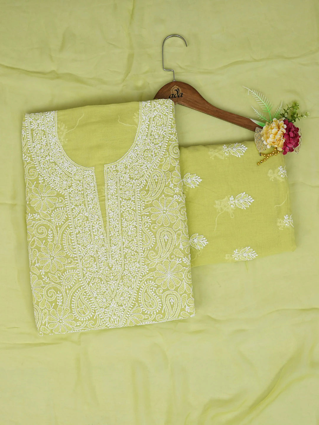 Ada Hand Embroidered Lime Green Cotton Lucknowi Chikankari Unstitched Suit Piece 01A732058