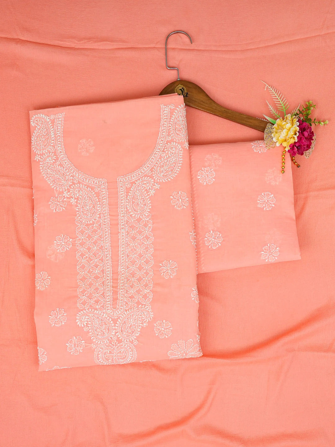 Ada Hand Embroidered Peach Cotton Lucknowi Chikankari Unstitched Suit Piece 01A311949