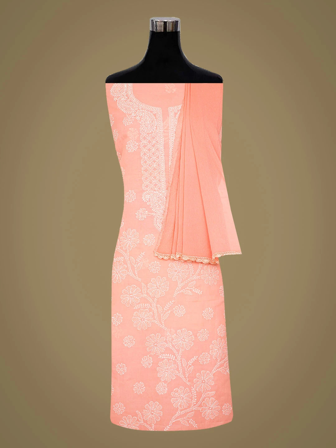 Ada Hand Embroidered Peach Cotton Lucknowi Chikankari Unstitched Suit Piece 01A311949