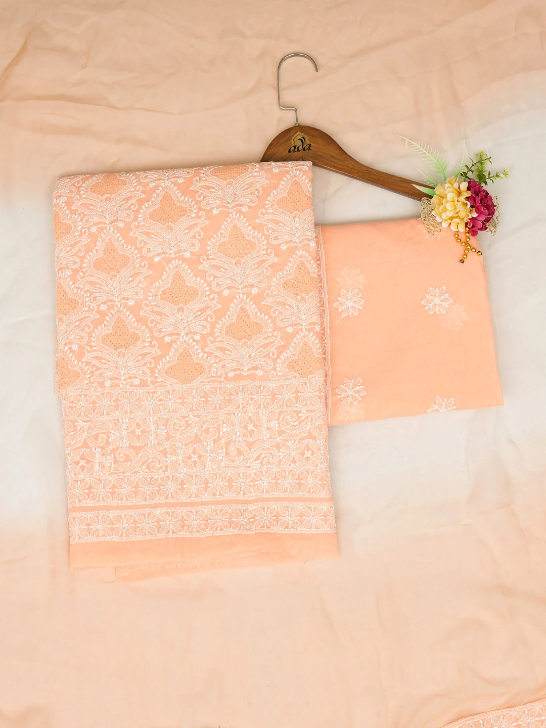 Ada Hand Embroidered Creamy Peach Cotton Lucknowi Chikankari Unstitched Suit Piece 01A723973