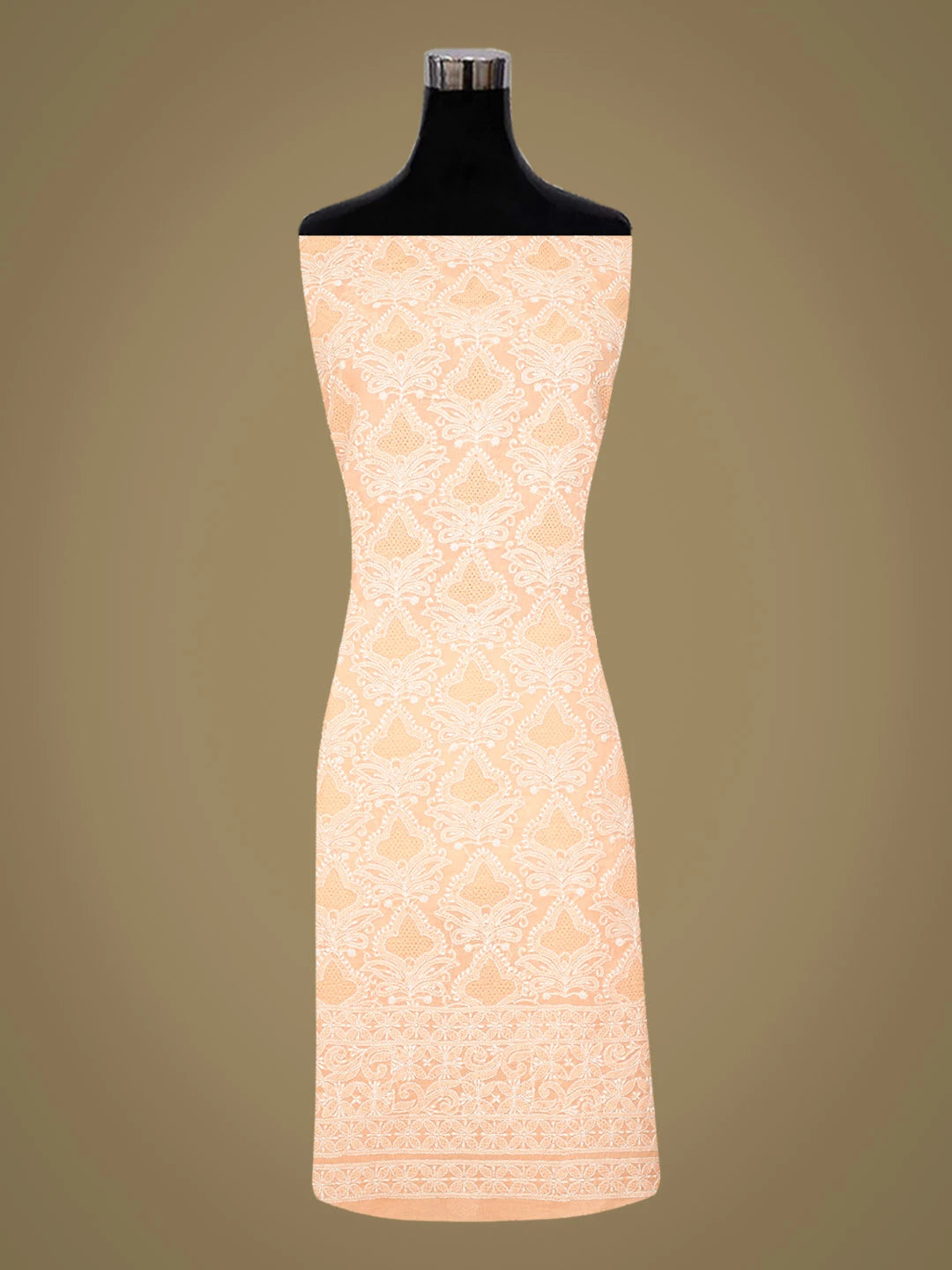 Ada Hand Embroidered Creamy Peach Cotton Lucknowi Chikankari Unstitched Suit Piece 01A723973
