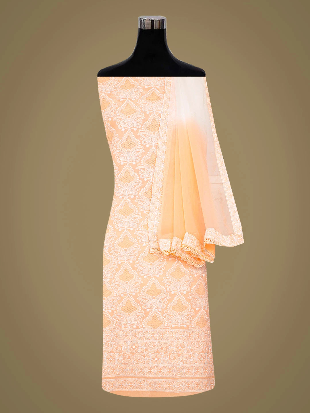 Ada Hand Embroidered Creamy Peach Cotton Lucknowi Chikankari Unstitched Suit Piece 01A723973