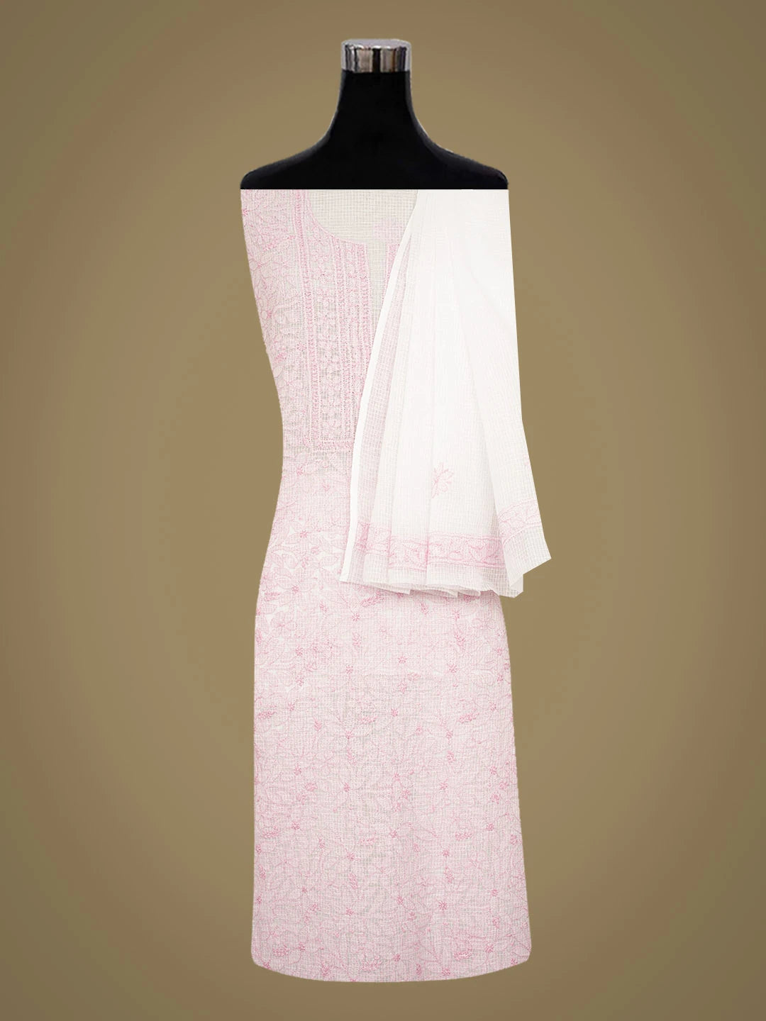 Ada Hand Embroidered White Kota Lucknowi Chikankari Unstitched Kurta Dupatta Set 01A558138