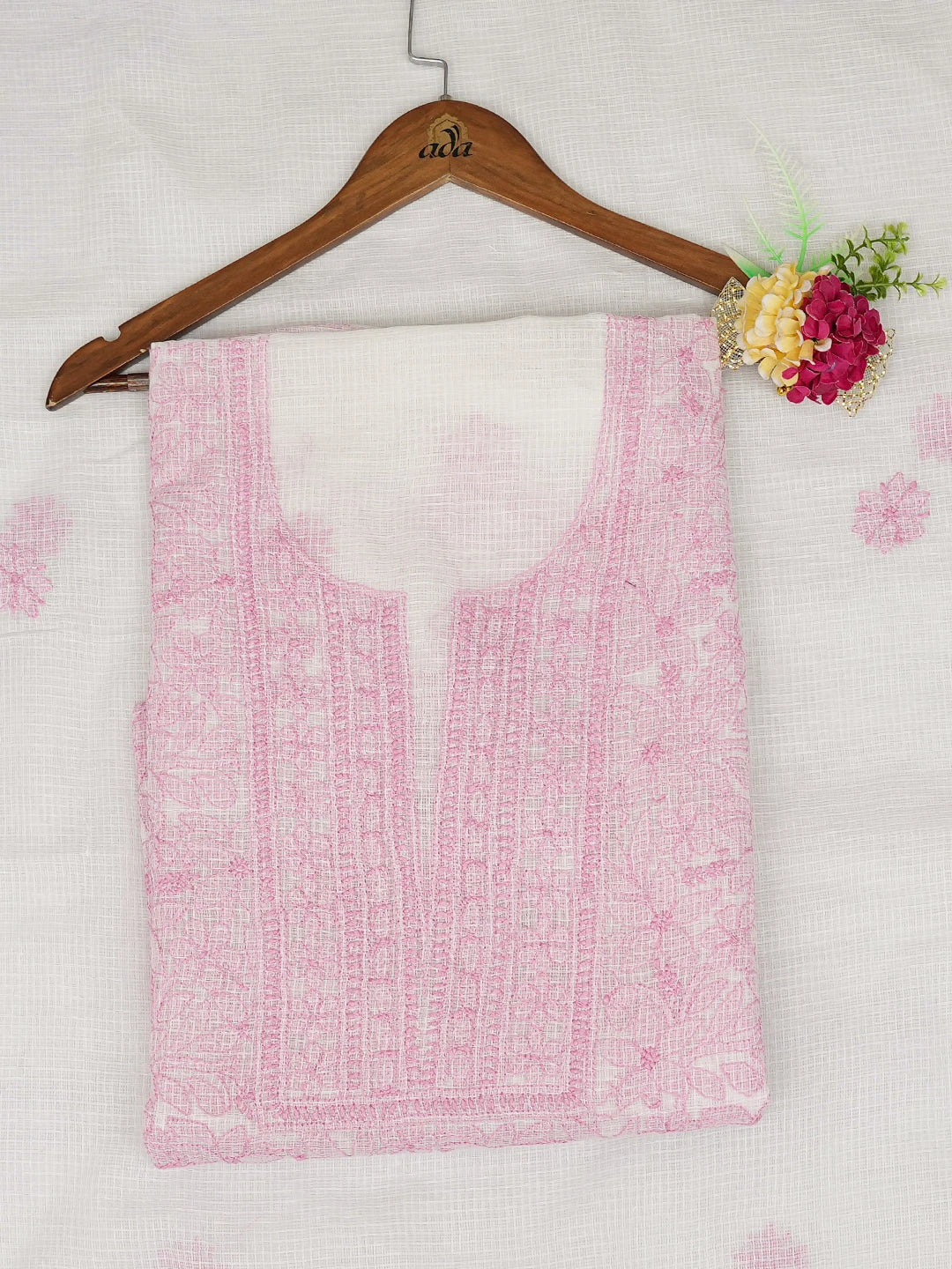 Ada Hand Embroidered White Kota Lucknowi Chikankari Unstitched Kurta Dupatta Set 01A558138