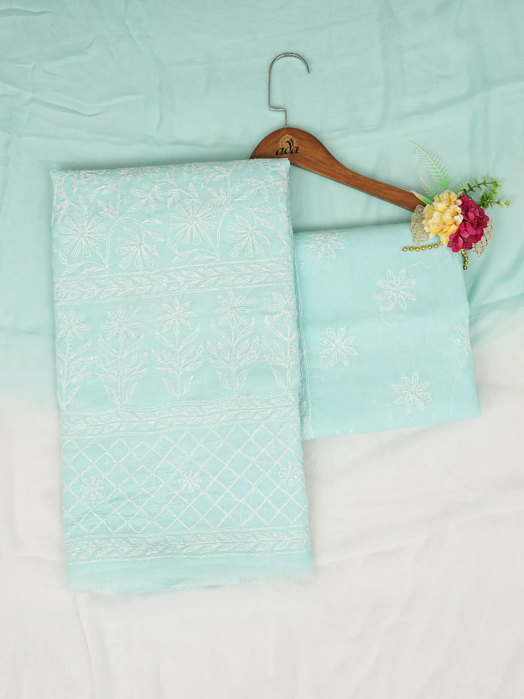 Ada Hand Embroidered Baby Blue Cotton Lucknowi Chikankari Unstitched Suit Piece 01A441788