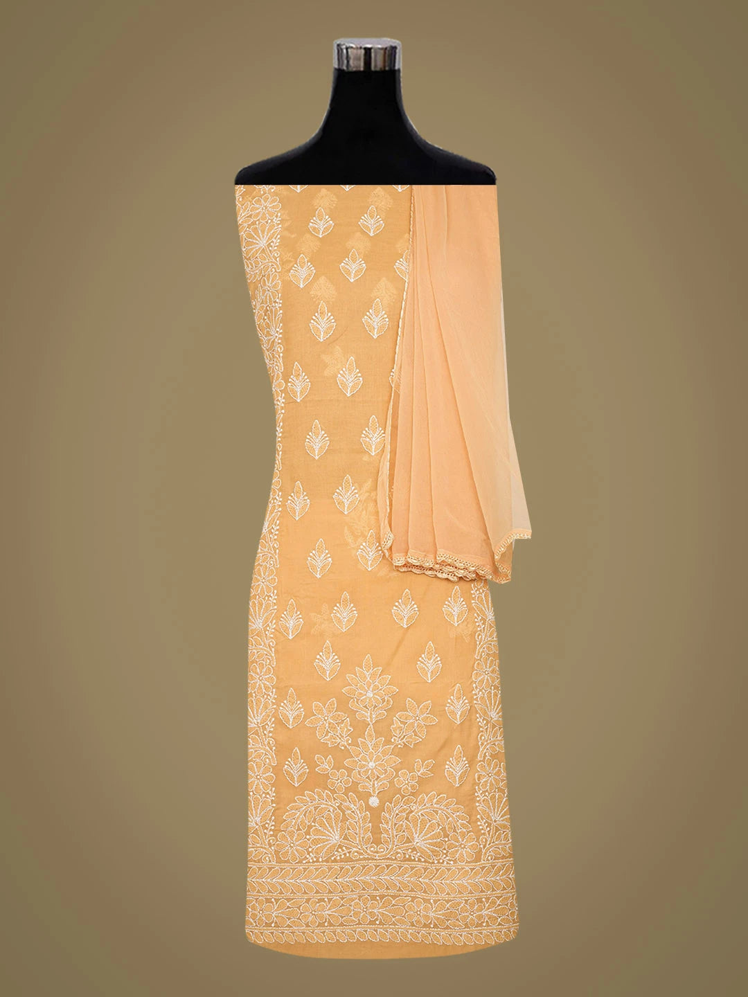 Ada Hand Embroidered Fawn Cotton Lucknowi Chikankari Unstitched Suit Piece 01A678166