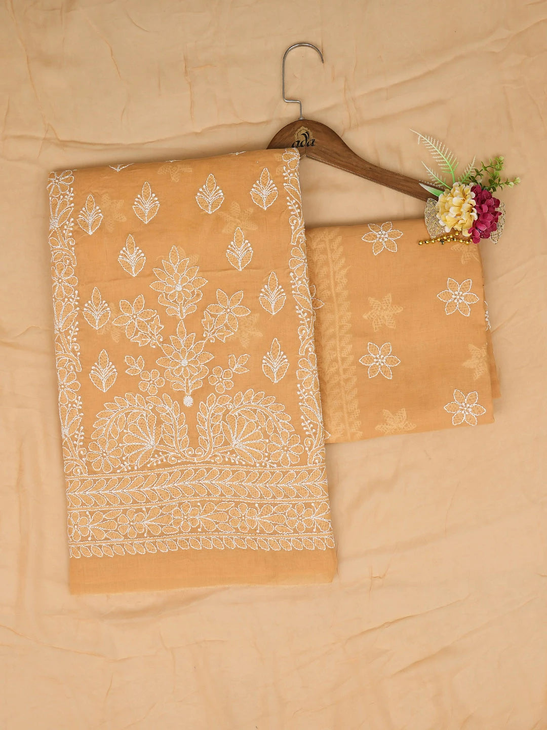 Ada Hand Embroidered Fawn Cotton Lucknowi Chikankari Unstitched Suit Piece 01A678166