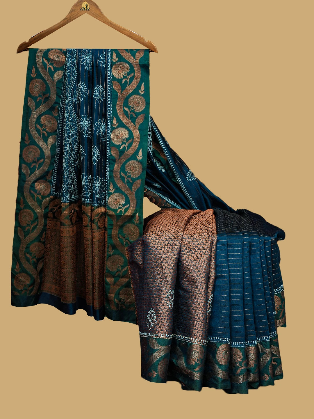 Ada Hand Embroidered Peacock Blue Chanderi Lucknowi Chikankari Saree and Blouse With Golden Zari Taar Work 01A737980