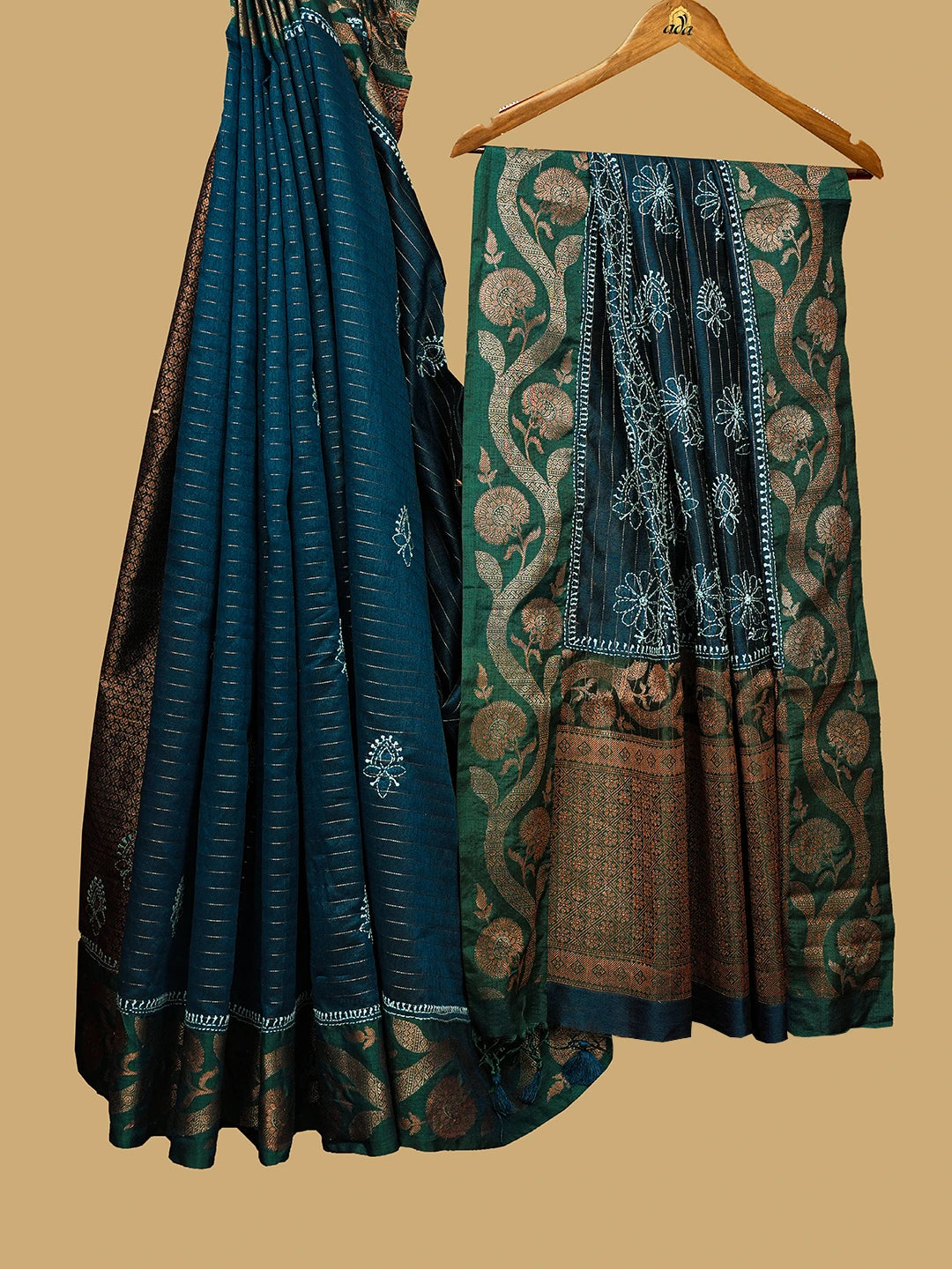 Ada Hand Embroidered Peacock Blue Chanderi Lucknowi Chikankari Saree and Blouse With Golden Zari Taar Work 01A737980