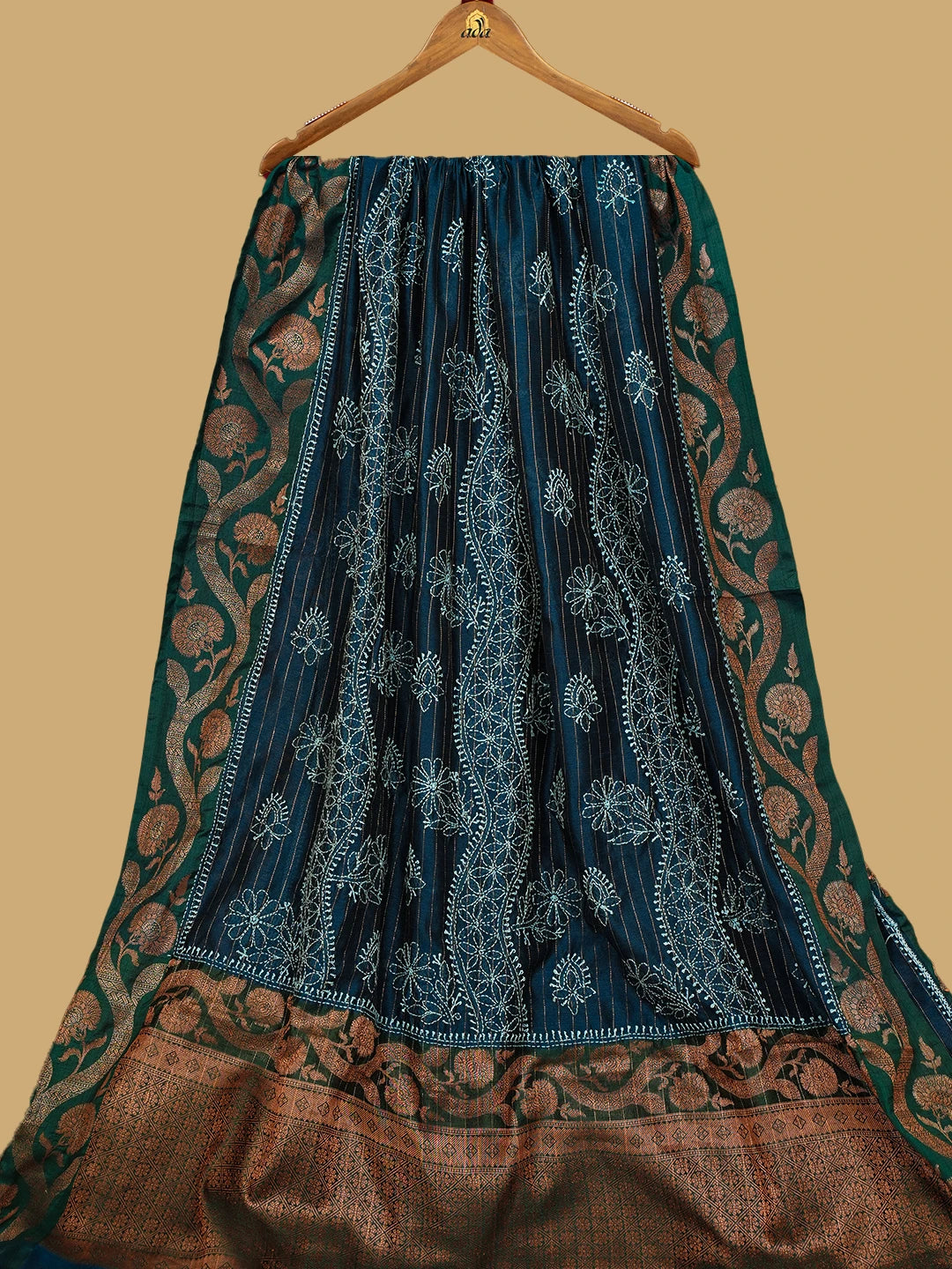 Ada Hand Embroidered Peacock Blue Chanderi Lucknowi Chikankari Saree and Blouse With Golden Zari Taar Work 01A737980