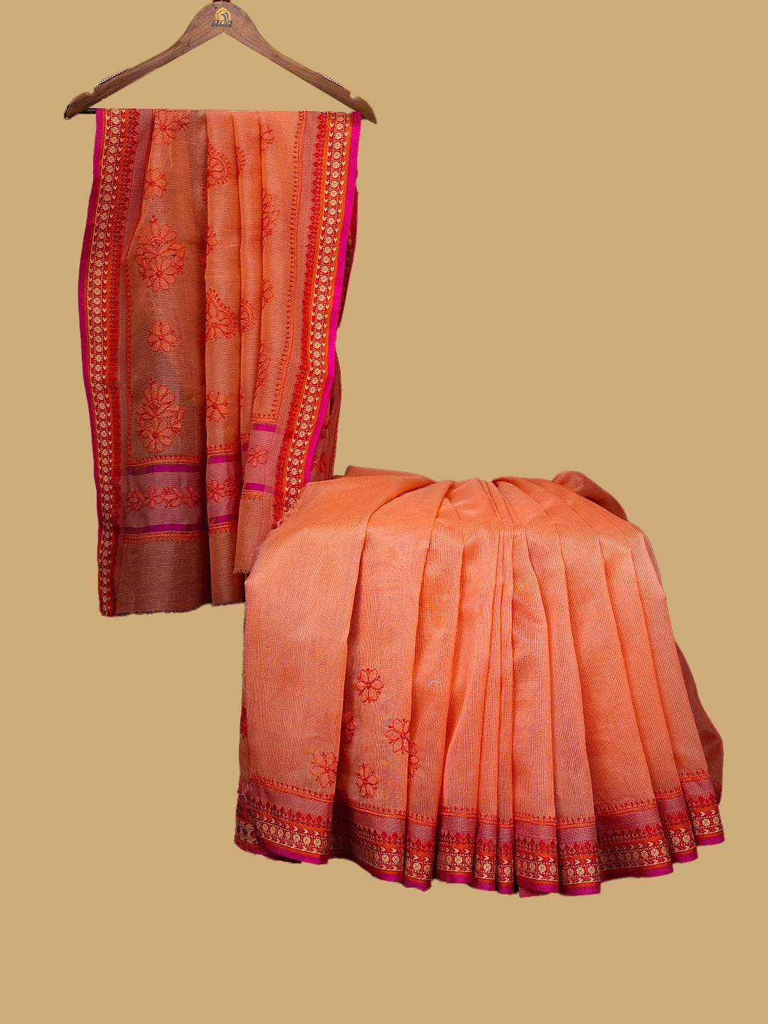 Ada Hand Embroidered Peach Orange Chanderi Lucknowi Chikankari Saree and Blouse 01A738058
