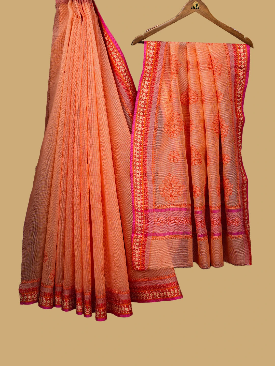 Ada Hand Embroidered Peach Orange Chanderi Lucknowi Chikankari Saree and Blouse 01A738058