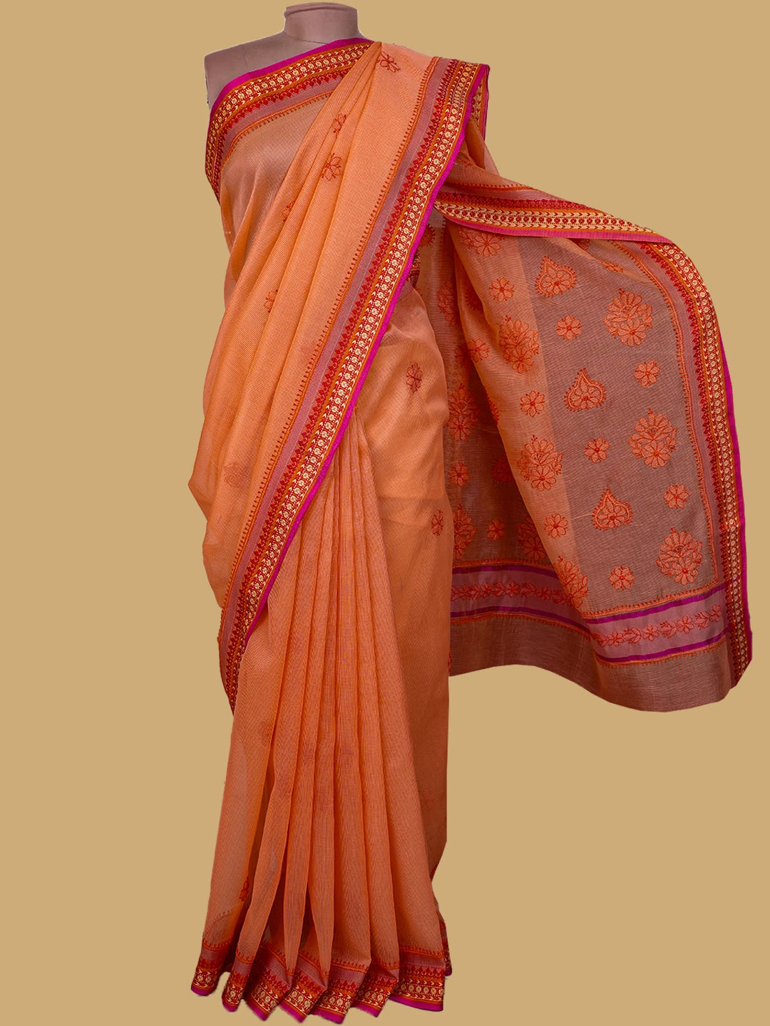 Ada Hand Embroidered Peach Orange Chanderi Lucknowi Chikankari Saree and Blouse 01A738058