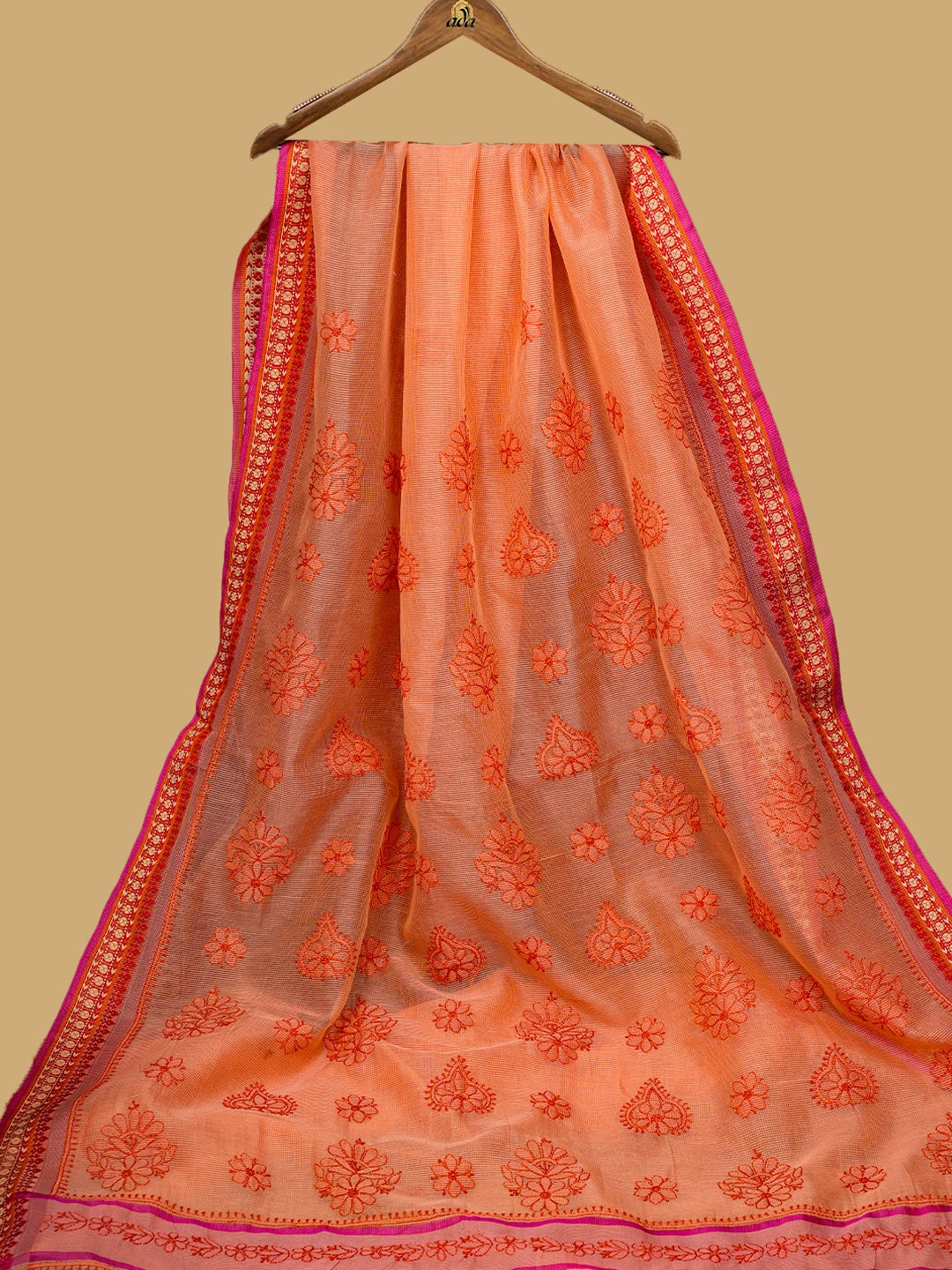 Ada Hand Embroidered Peach Orange Chanderi Lucknowi Chikankari Saree and Blouse 01A738058