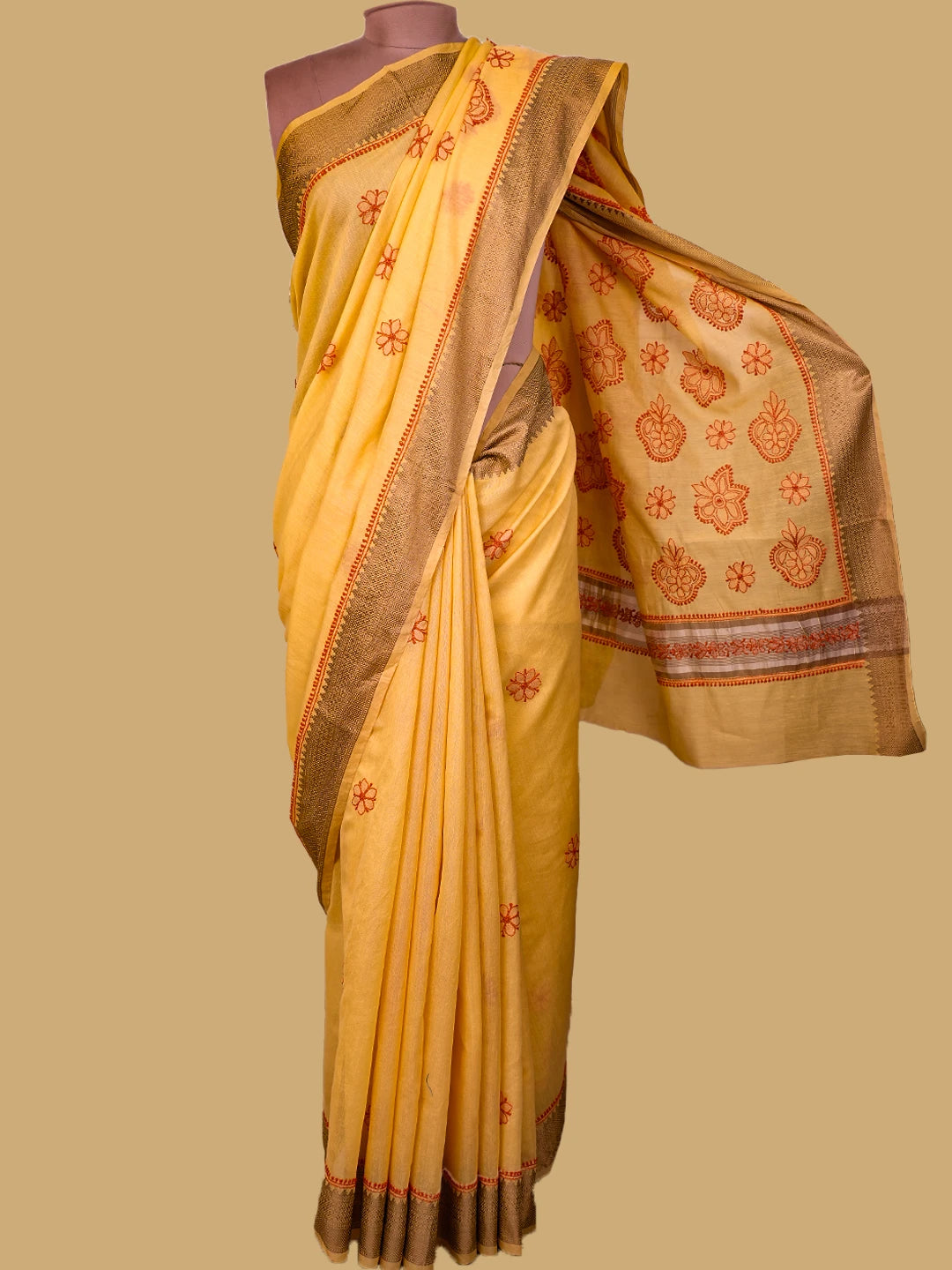 Ada Hand Embroidered Jasmine Yellow Chanderi Lucknowi Chikankari Saree and Blouse 01A738080