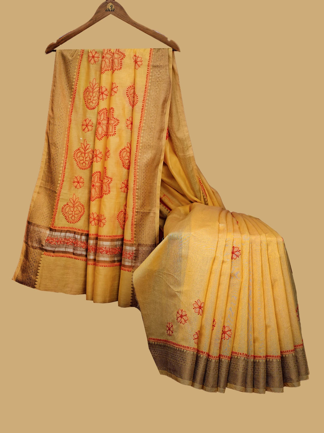 Ada Hand Embroidered Jasmine Yellow Chanderi Lucknowi Chikankari Saree and Blouse 01A738080