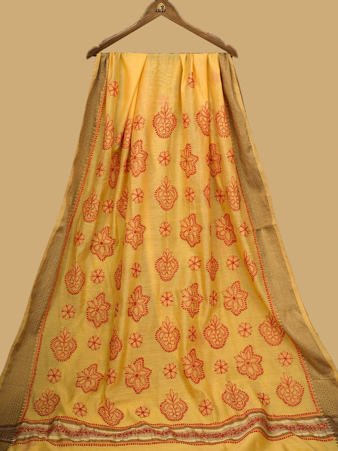 Ada Hand Embroidered Jasmine Yellow Chanderi Lucknowi Chikankari Saree and Blouse 01A738080