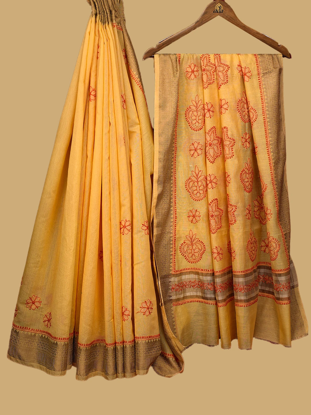 Ada Hand Embroidered Jasmine Yellow Chanderi Lucknowi Chikankari Saree and Blouse 01A738080