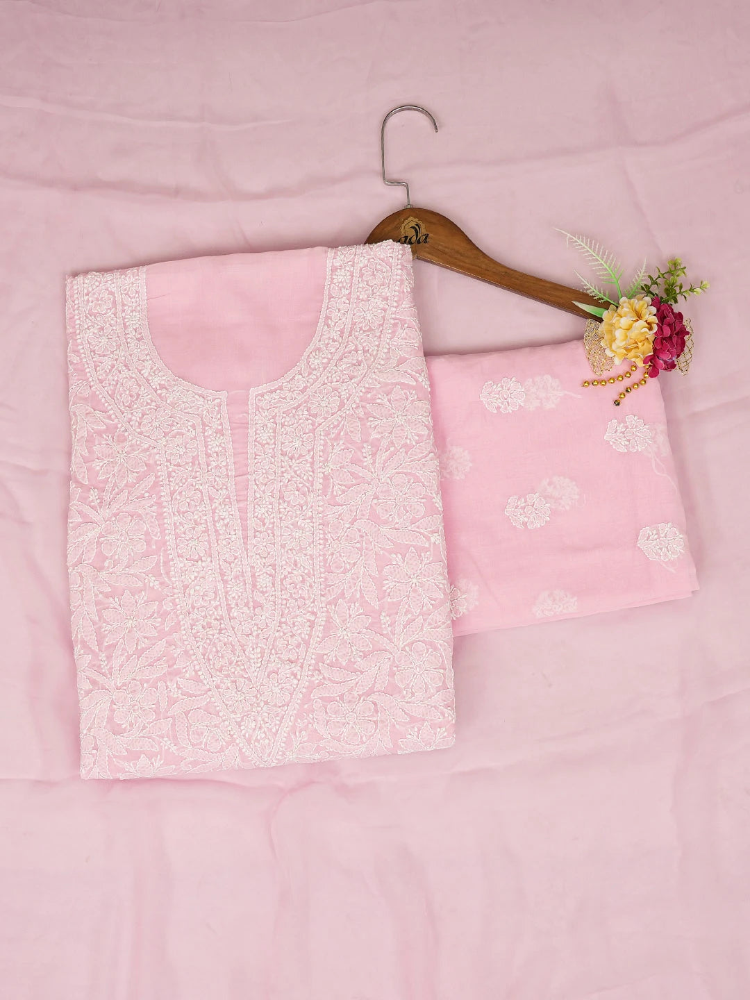 Ada Hand Embroidered Pink Cotton Lucknowi Chikankari Unstitched Suit Piece 01A732062