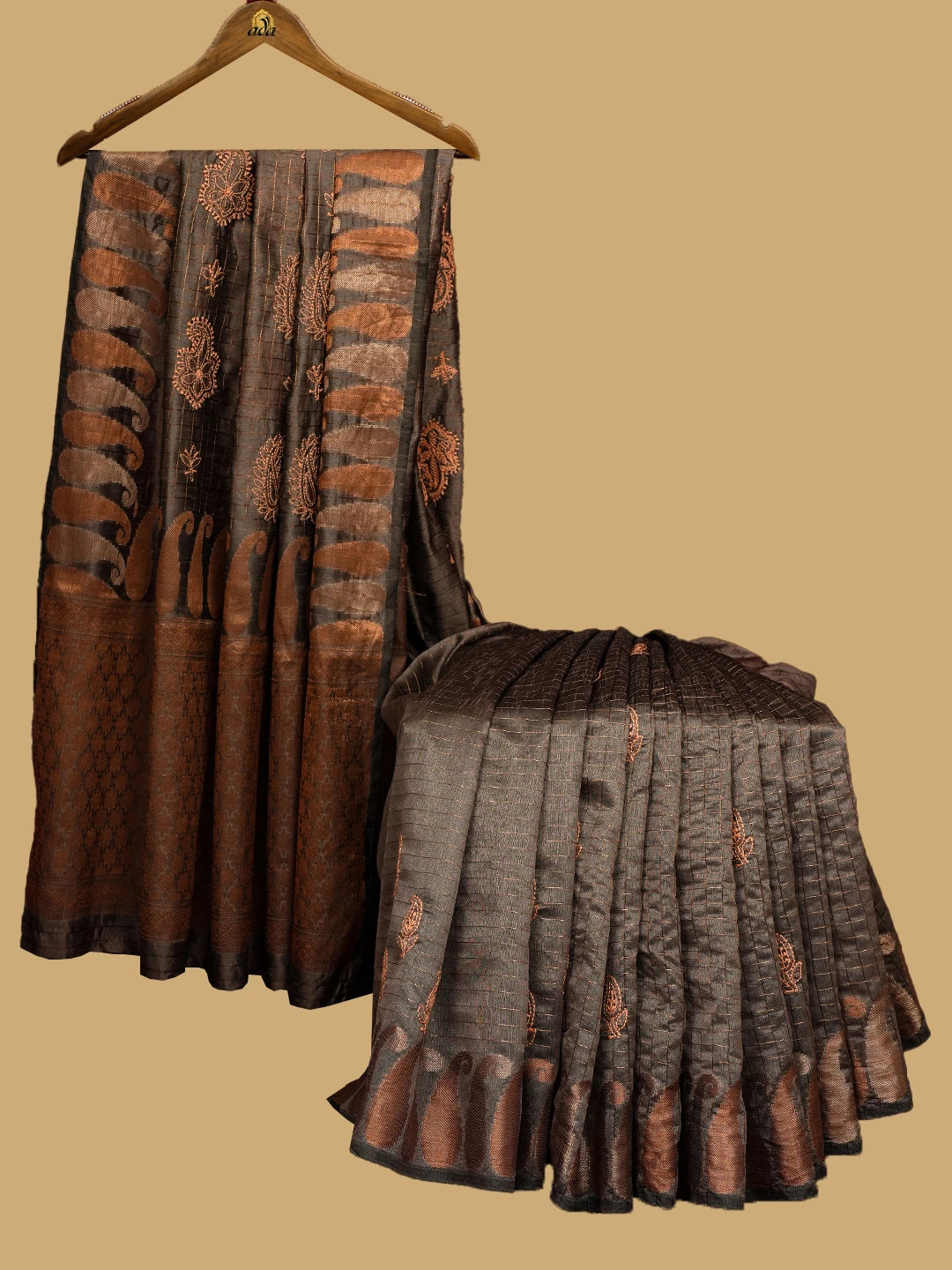 Ada Hand Embroidered Dusty Grey Chanderi Lucknowi Chikankari Saree and Blouse 01A718263