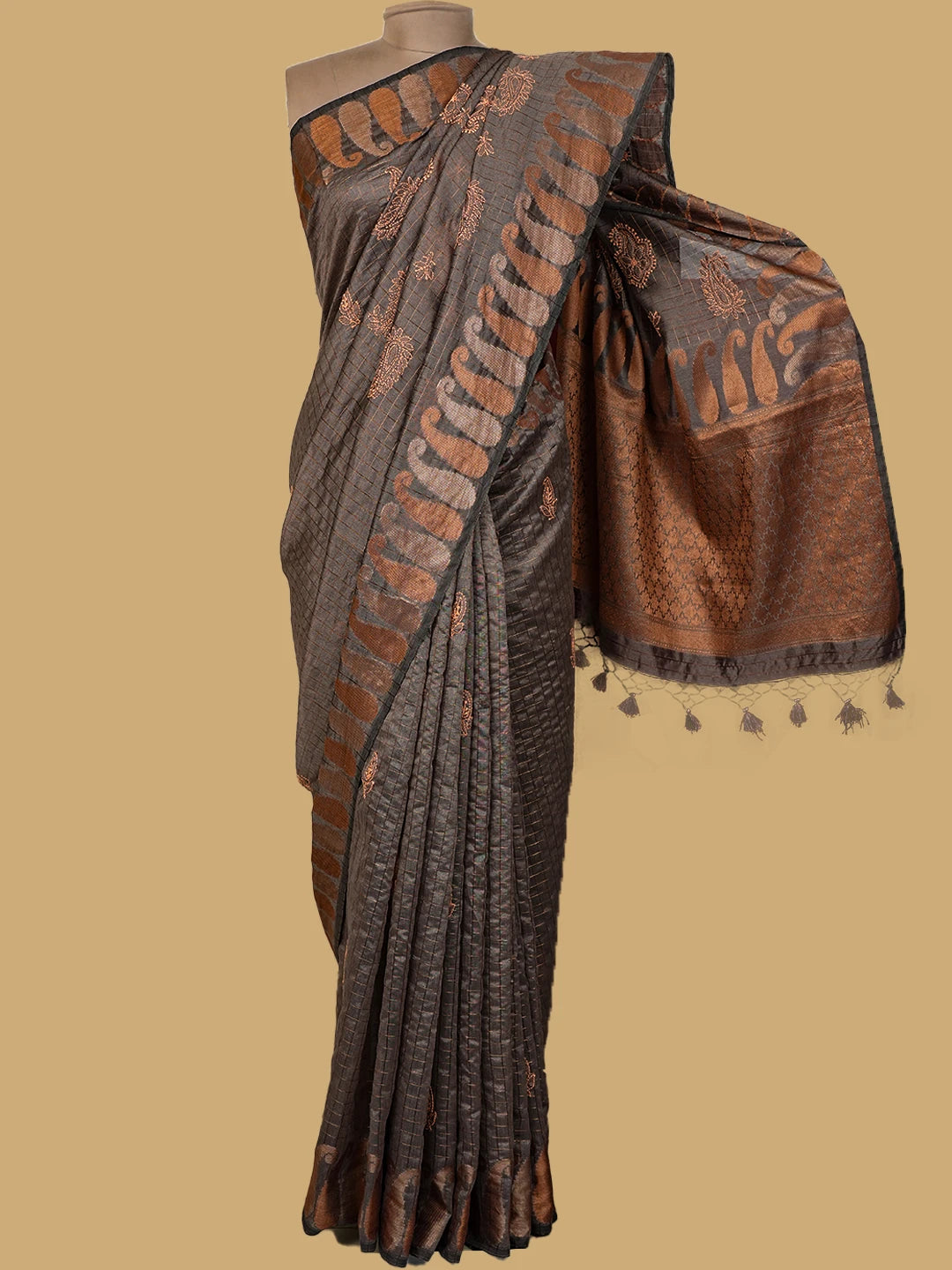 Ada Hand Embroidered Dusty Grey Chanderi Lucknowi Chikankari Saree and Blouse 01A718263