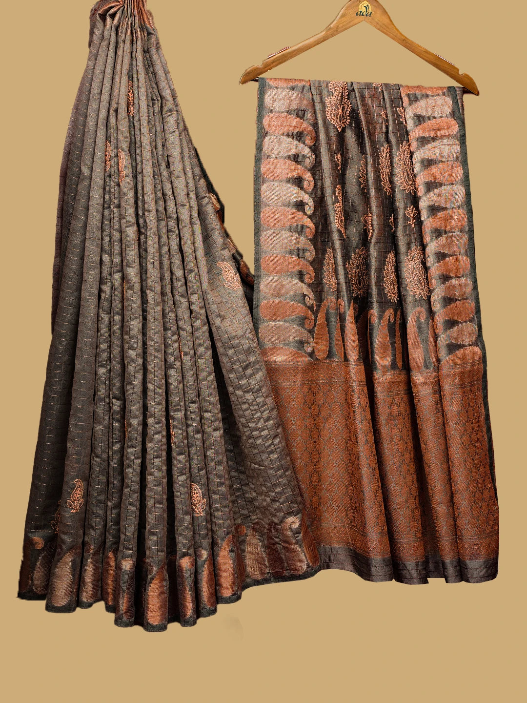 Ada Hand Embroidered Dusty Grey Chanderi Lucknowi Chikankari Saree and Blouse 01A718263
