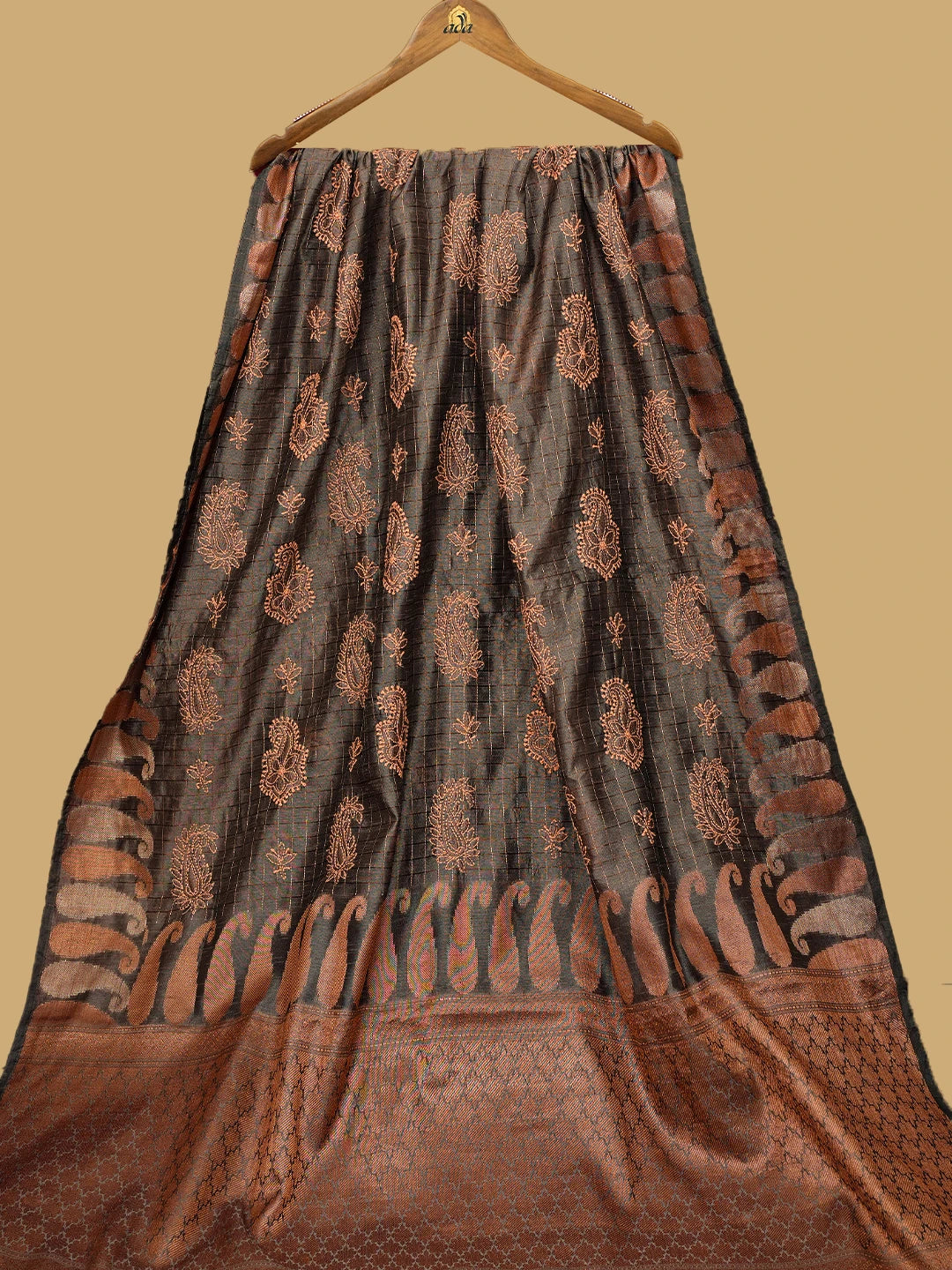 Ada Hand Embroidered Dusty Grey Chanderi Lucknowi Chikankari Saree and Blouse 01A718263