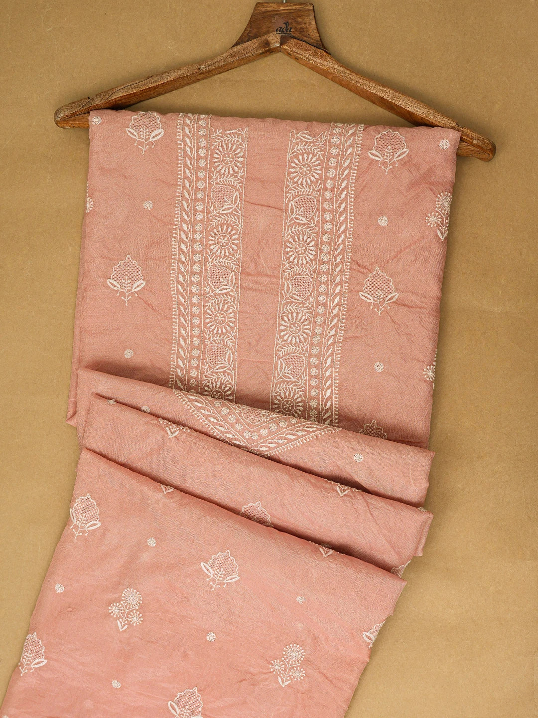 Ada Hand Embroidered Peach Organza Lucknowi Chikankari Unstitched Men's Kurta Piece 01A282298