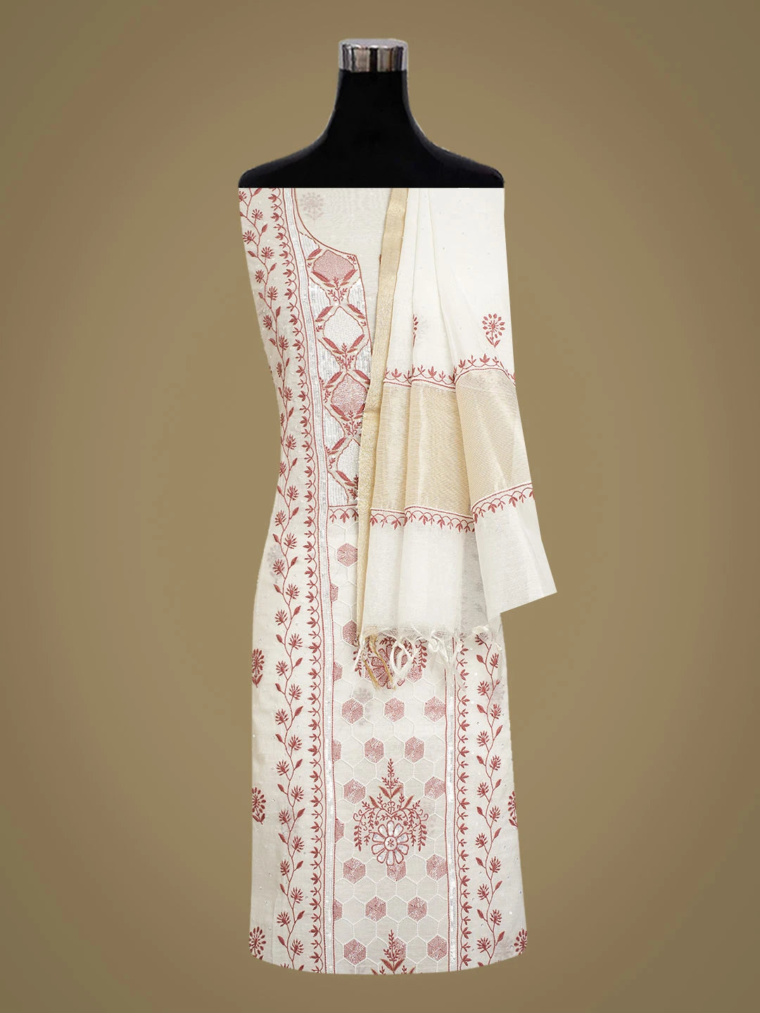 Ada Hand Embroidered White Chanderi Lucknowi Chikankari Unstitched Kurta Dupatta Set With Cutdana Work 01A674692