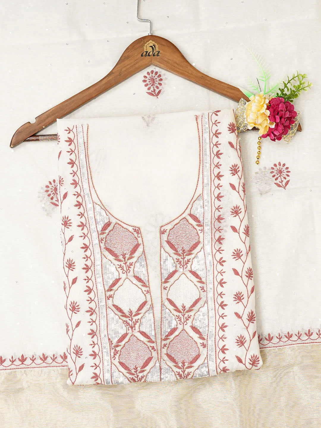Ada Hand Embroidered White Chanderi Lucknowi Chikankari Unstitched Kurta Dupatta Set With Cutdana Work 01A674692