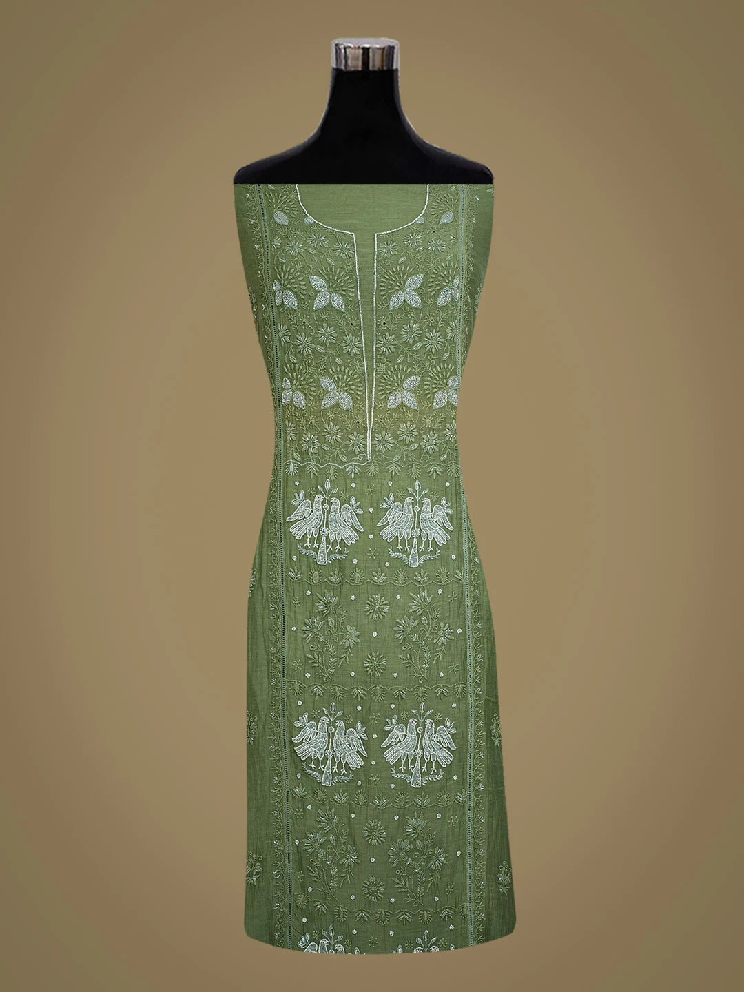 Ada Hand Embroidered Green Chanderi Lucknowi Chikankari Semi-Stitched Kurta Dupatta Set With Cutdana Work 01A470535