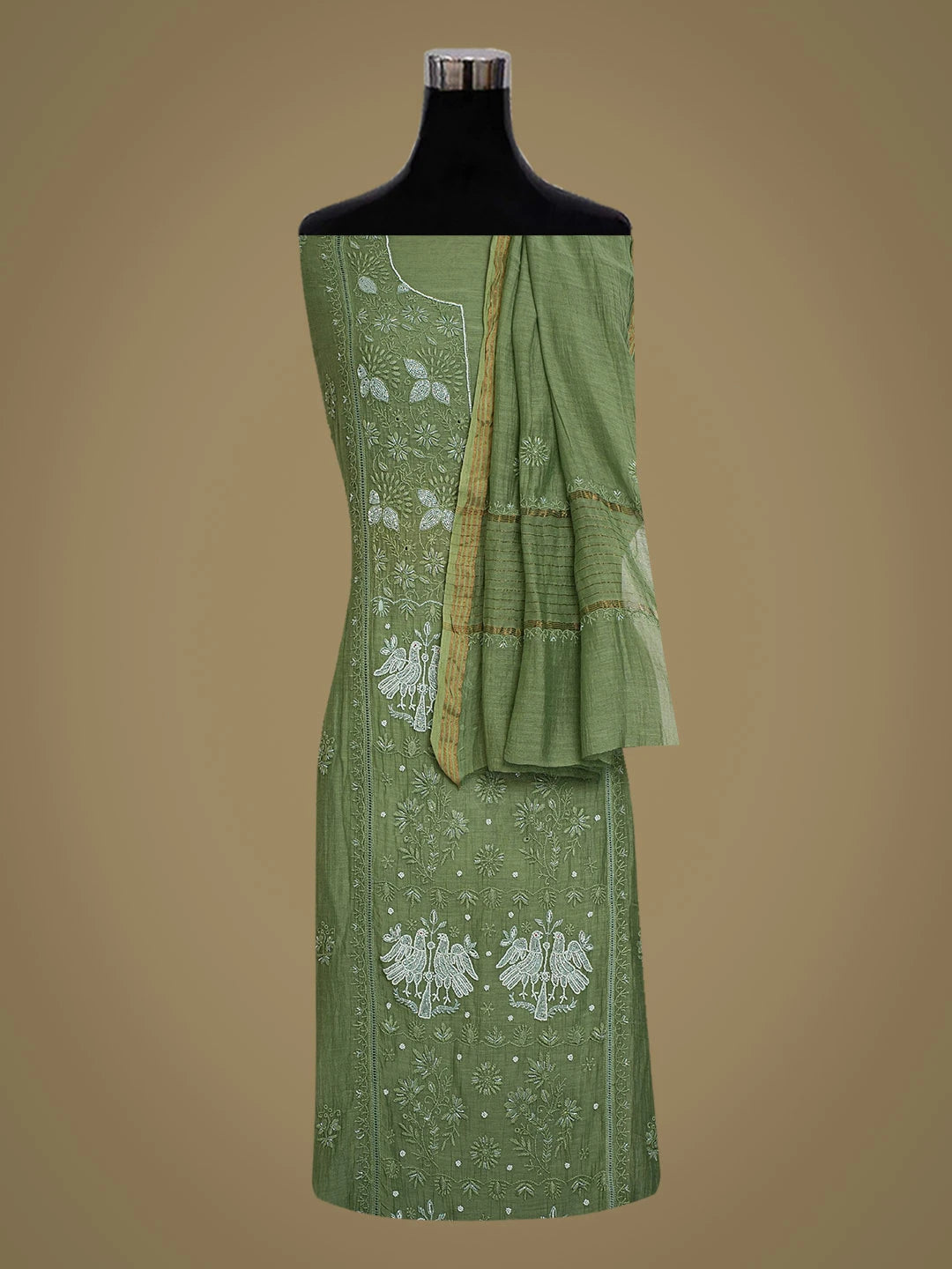 Ada Hand Embroidered Green Chanderi Lucknowi Chikankari Semi-Stitched Kurta Dupatta Set With Cutdana Work 01A470535