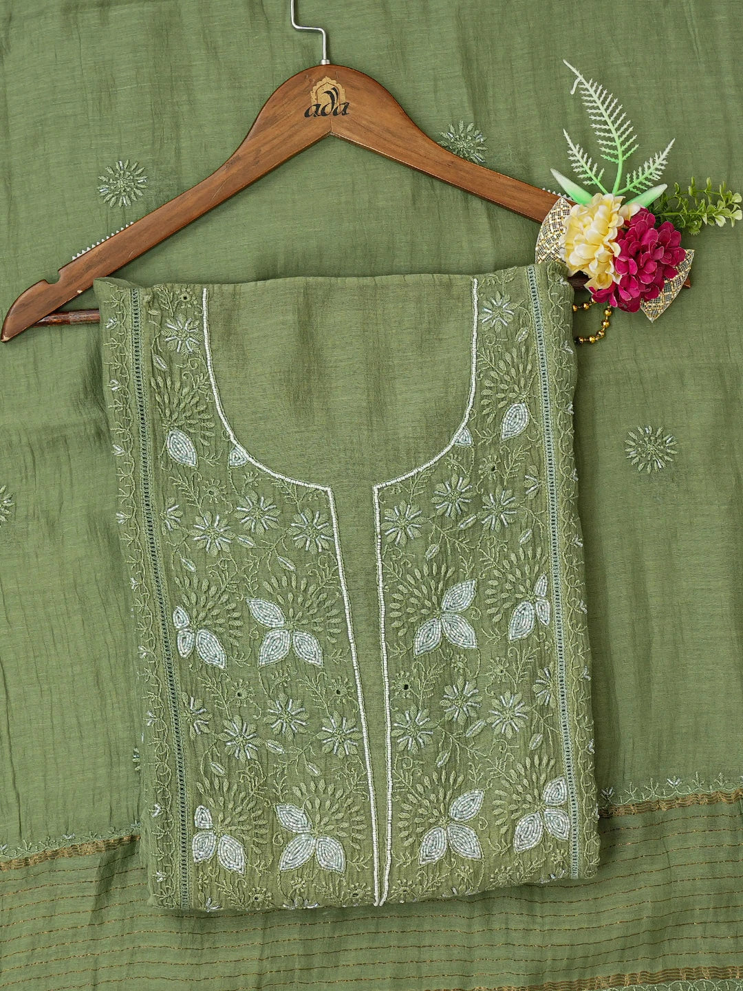 Ada Hand Embroidered Green Chanderi Lucknowi Chikankari Semi-Stitched Kurta Dupatta Set With Cutdana Work 01A470535