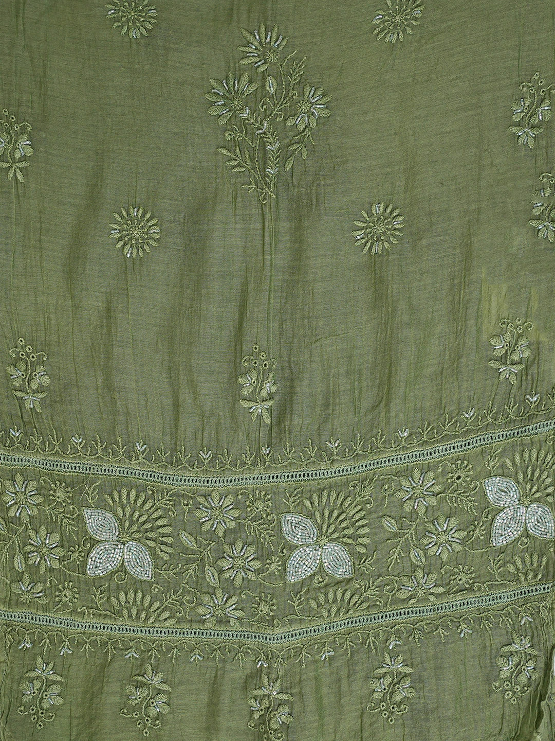 Ada Hand Embroidered Green Chanderi Lucknowi Chikankari Semi-Stitched Kurta Dupatta Set With Cutdana Work 01A470535