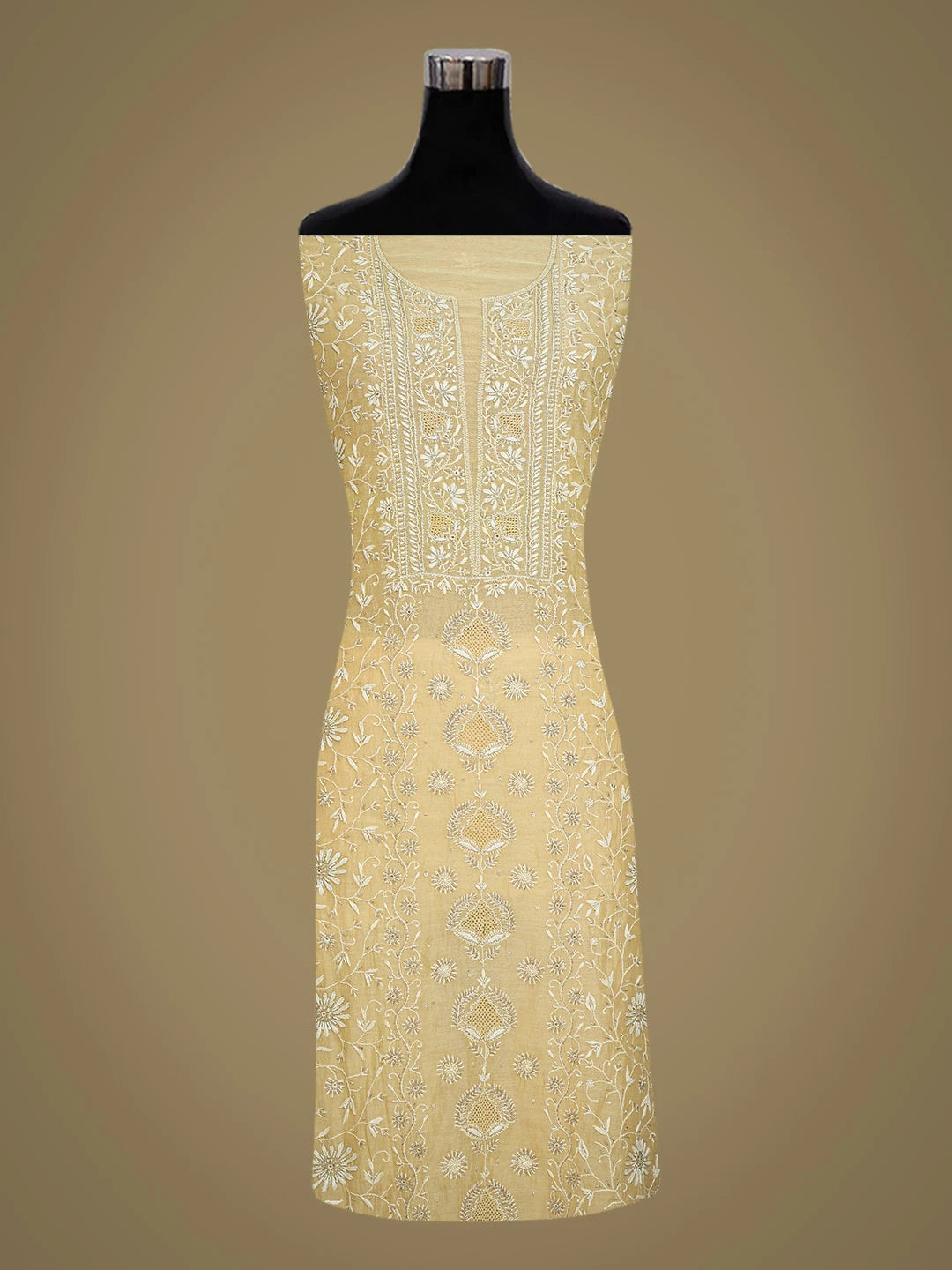 Ada Hand Embroidered Beige Chanderi Lucknowi Chikankari Unstitched Kurta Dupatta Set With Cutdana Work 01A685726