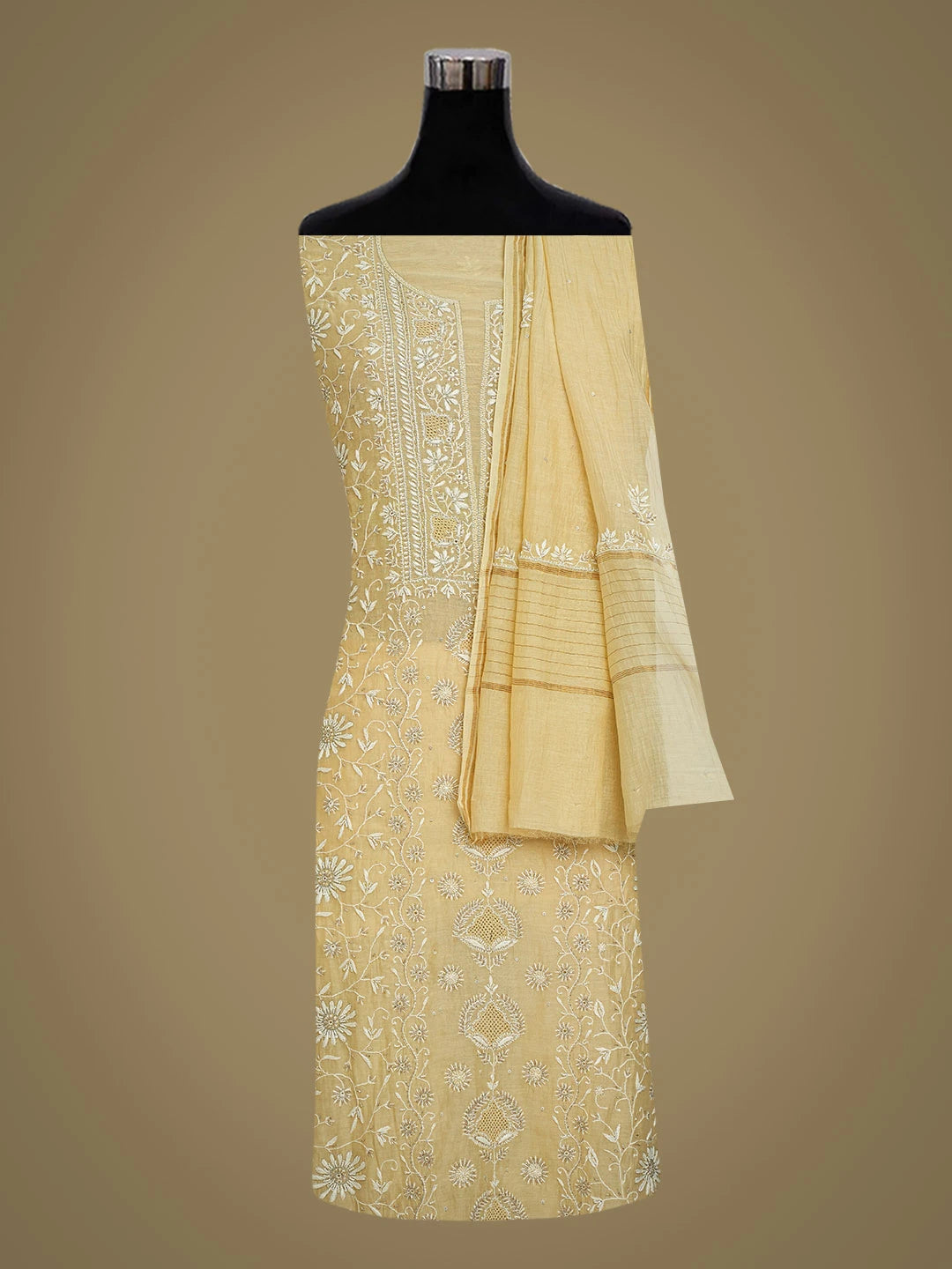 Ada Hand Embroidered Beige Chanderi Lucknowi Chikankari Unstitched Kurta Dupatta Set With Cutdana Work 01A685726