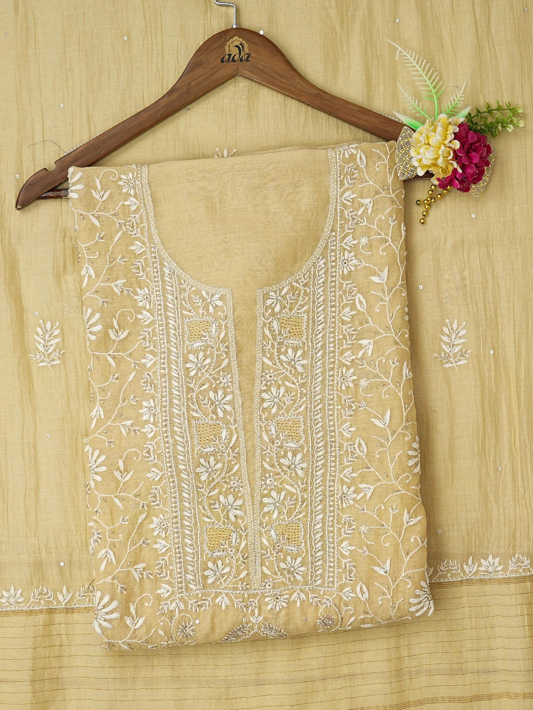 Ada Hand Embroidered Beige Chanderi Lucknowi Chikankari Unstitched Kurta Dupatta Set With Cutdana Work 01A685726