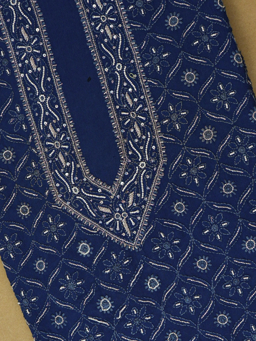 Ada Hand Embroidered Navy Blue Pure Georgette Lucknowi Chikankari Unstitched Men's Kurta Piece With Cutdana Work 01A558683