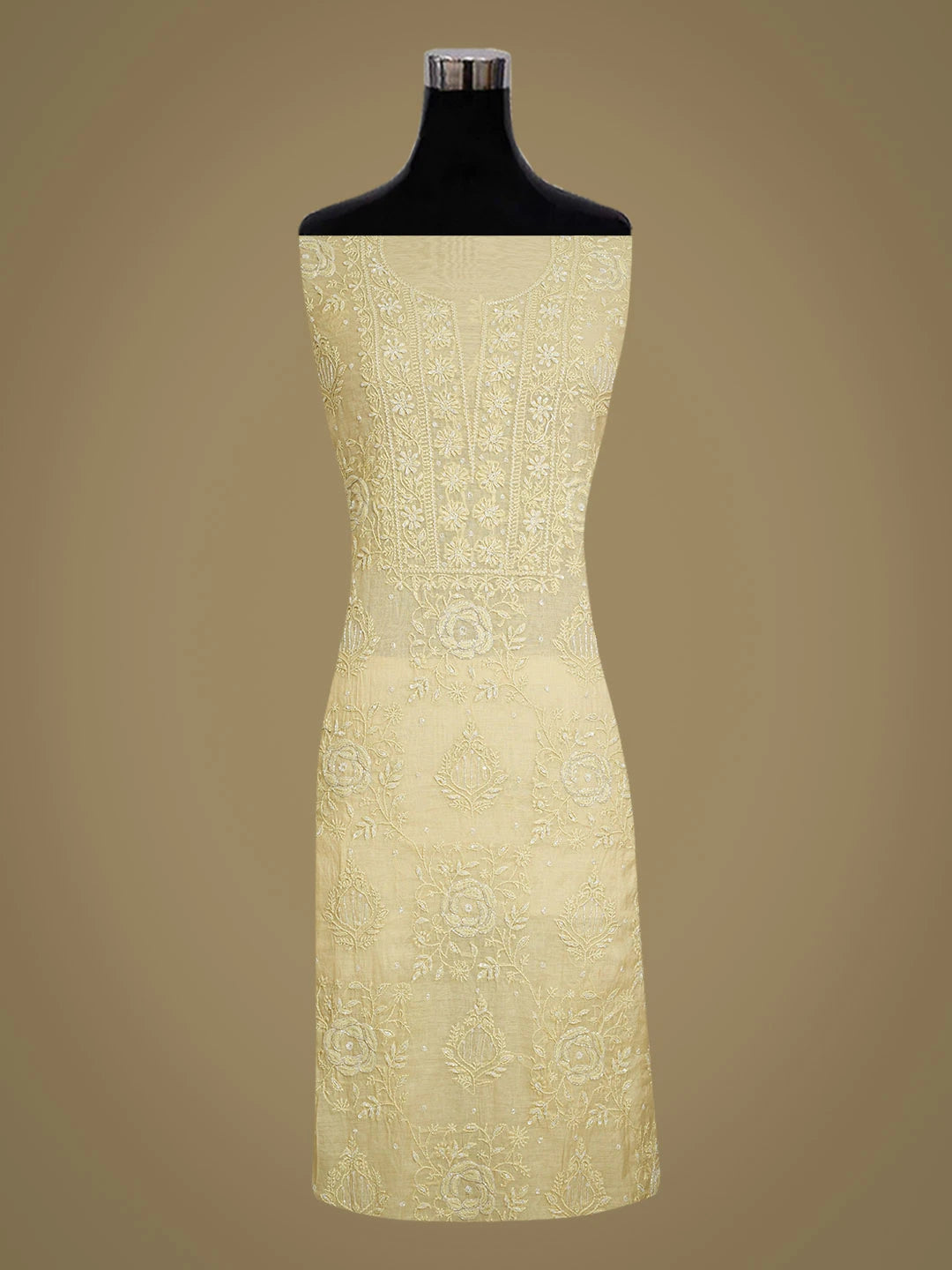 Ada Hand Embroidered Beige Chanderi Lucknowi Chikankari Unstitched Kurta Dupatta Set With Cutdana Work 01A631637