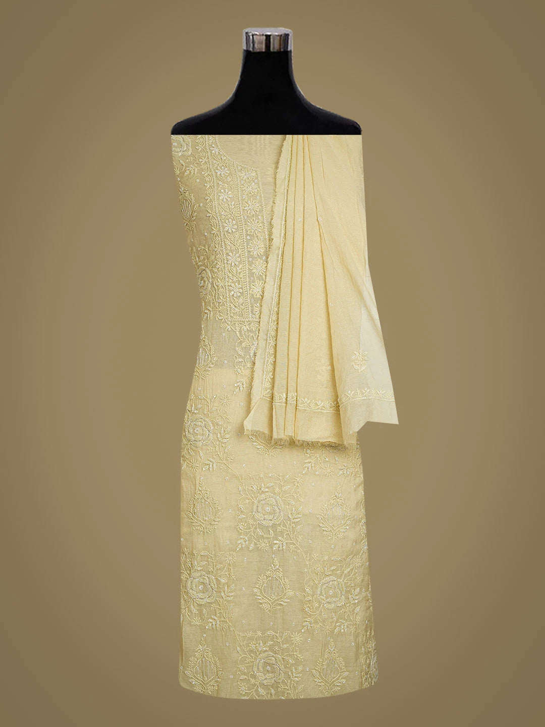 Ada Hand Embroidered Beige Chanderi Lucknowi Chikankari Unstitched Kurta Dupatta Set With Cutdana Work 01A631637