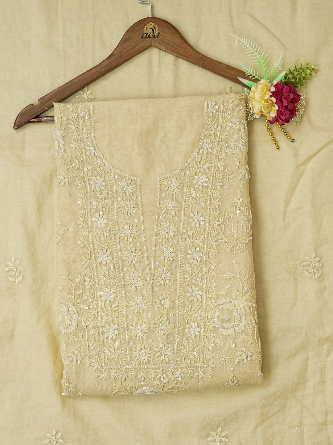 Ada Hand Embroidered Beige Chanderi Lucknowi Chikankari Unstitched Kurta Dupatta Set With Cutdana Work 01A631637
