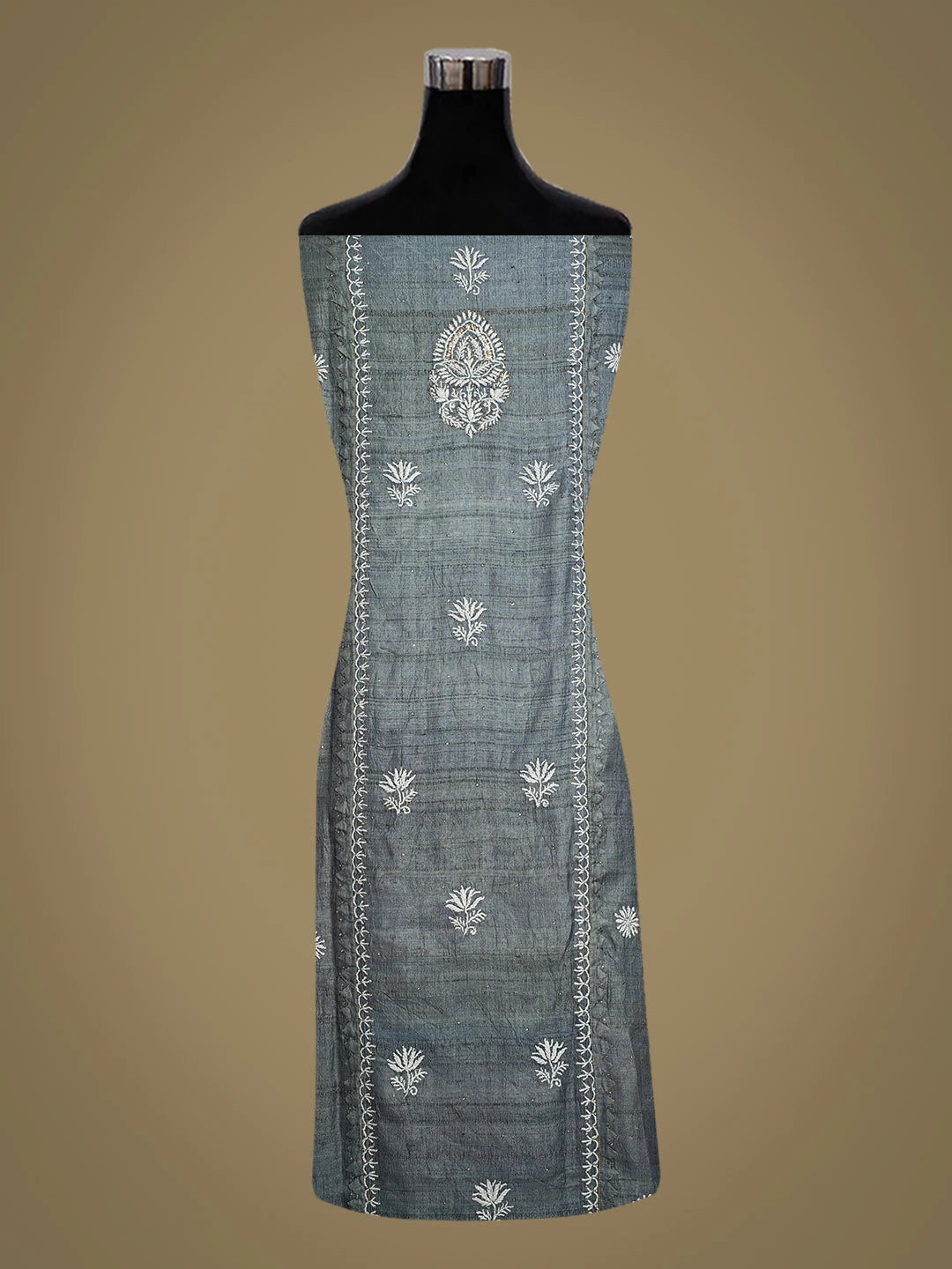 Ada Hand Embroidered Grey Silk Lucknowi Chikankari Semi-Stitched Kurta Dupatta Set With Mukaish Work 01A368514