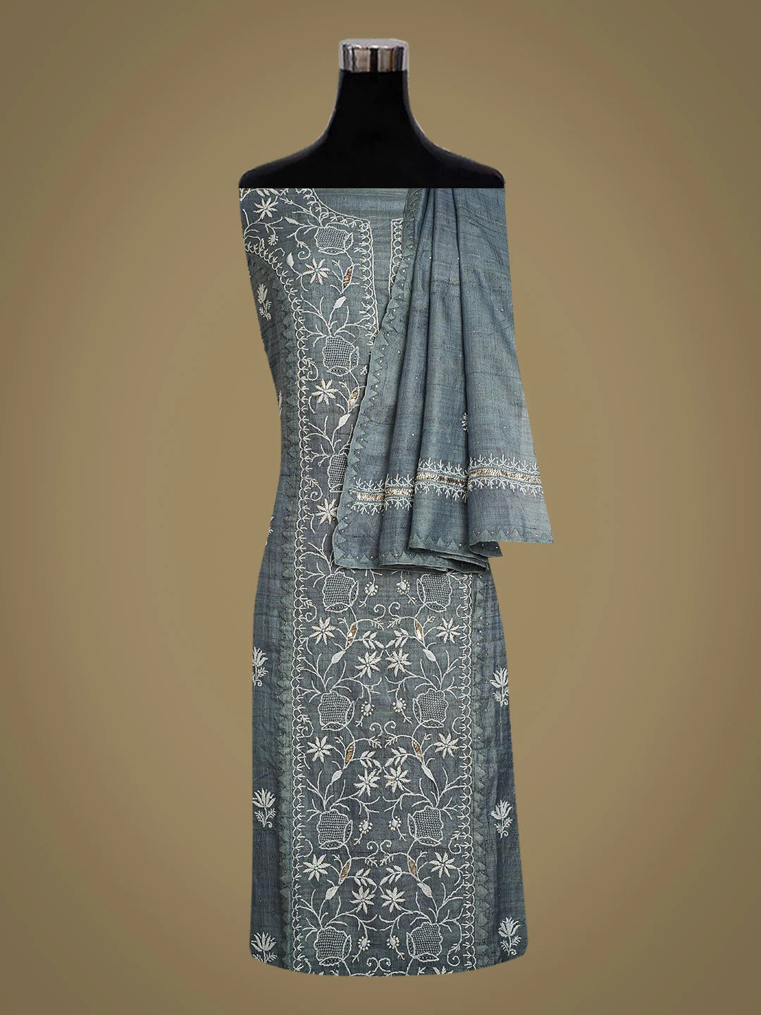 Ada Hand Embroidered Grey Silk Lucknowi Chikankari Semi-Stitched Kurta Dupatta Set With Mukaish Work 01A368514