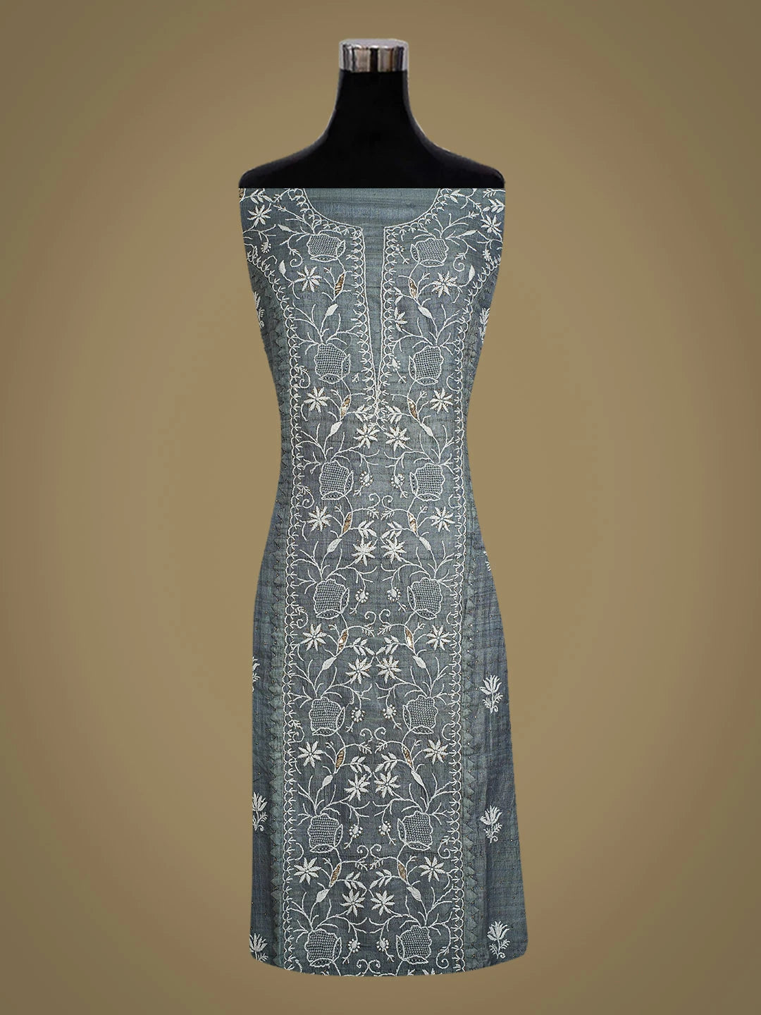 Ada Hand Embroidered Grey Silk Lucknowi Chikankari Semi-Stitched Kurta Dupatta Set With Mukaish Work 01A368514
