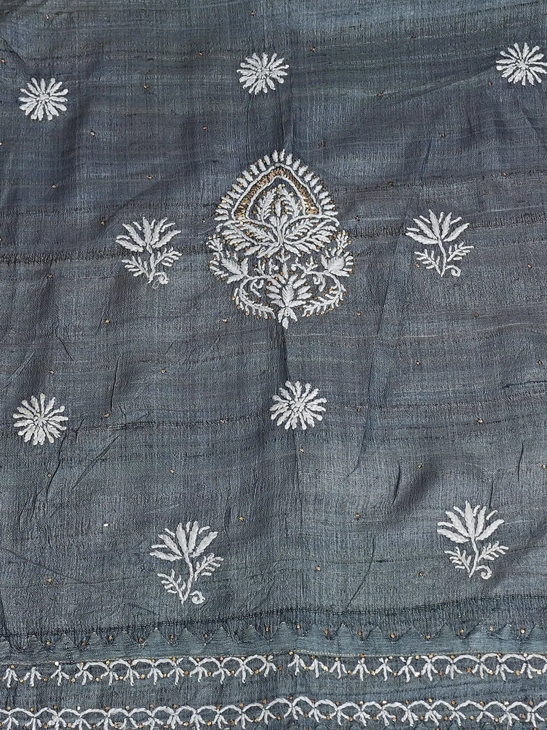 Ada Hand Embroidered Grey Silk Lucknowi Chikankari Semi-Stitched Kurta Dupatta Set With Mukaish Work 01A368514